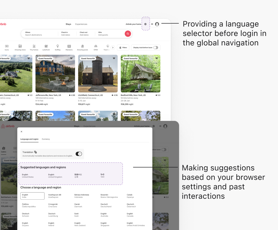 Airbnb language selector before login